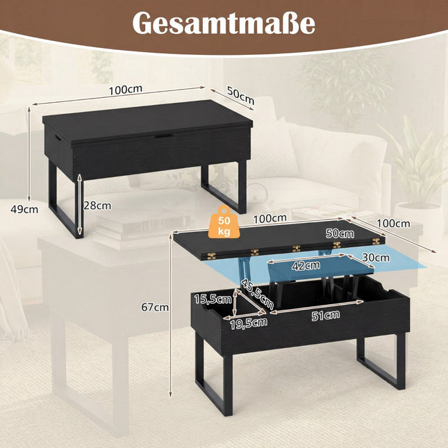 Couchtisch mit anhebbarem Oberteil, verstecktem Stauraum, Schwarz, 3-in-1 Design