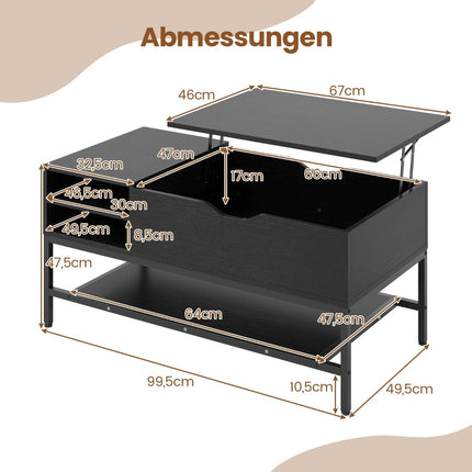 Table basse relevable avec rangement dissimulé, bois noir