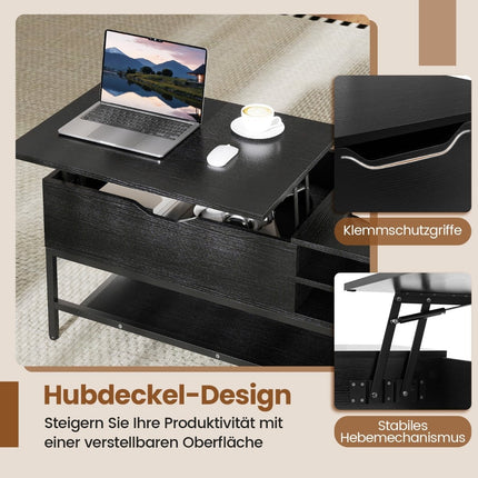 Table basse relevable avec rangement dissimulé, bois noir