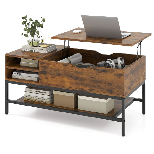 Table basse relevable avec rangement dissimulé, bois brun