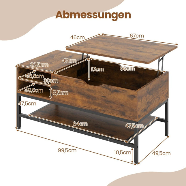 Table basse relevable avec rangement dissimulé, bois brun