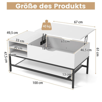 Table basse relevable avec rangement dissimulé, blanche