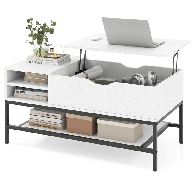 Table basse relevable avec rangement dissimulé, bois blanc