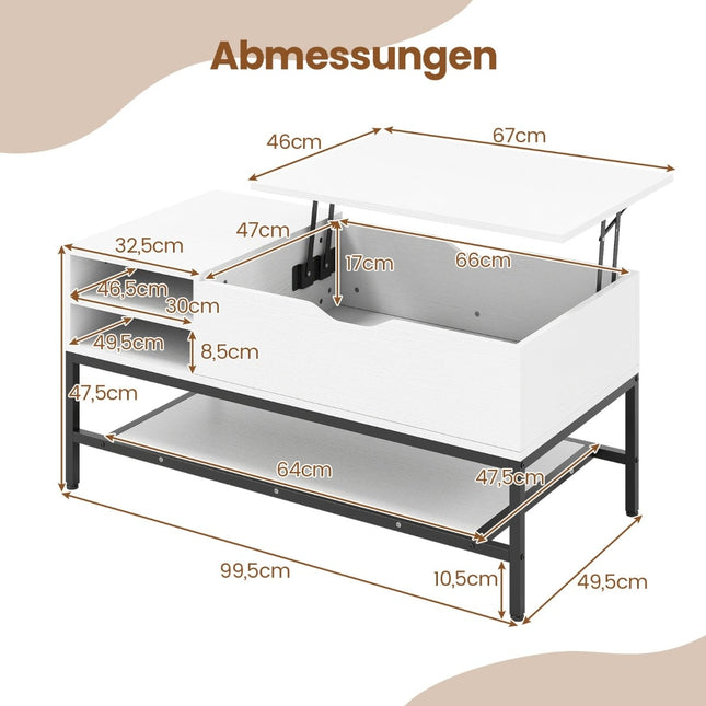 Table basse relevable avec rangement dissimulé, bois blanc