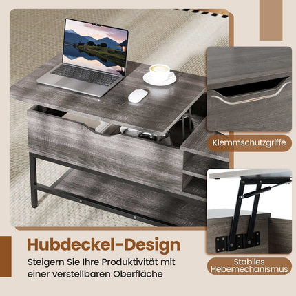 Couchtisch mit Liftplatte und Stauraum, höhenverstellbar, Grau