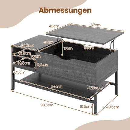 Couchtisch mit Liftplatte und Stauraum, höhenverstellbar, Grau