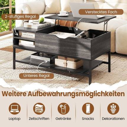 Couchtisch mit Liftplatte und Stauraum, höhenverstellbar, Grau
