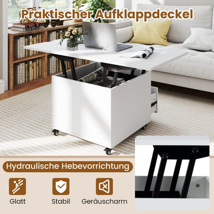 Table basse relevable avec rangement, blanche, mobile