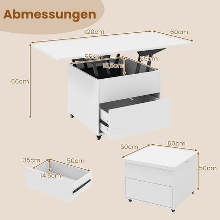 Table basse relevable avec rangement, blanche, mobile