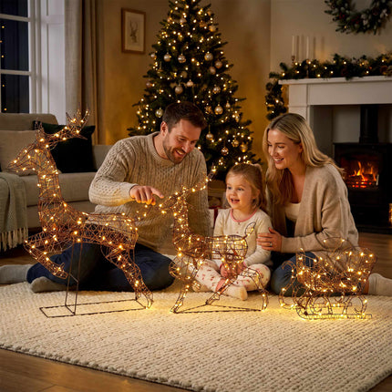 Light-Up Reindeer and Sleigh Set with 240 LEDs, 3 Pieces, 8 Modes, Timer