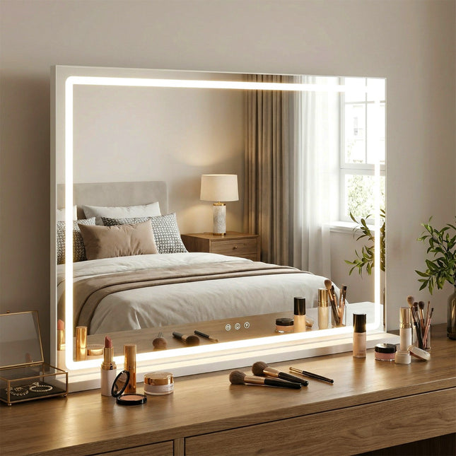 Miroir de maquillage lumineux 80 x 60 cm, tactile à intensité variable 3 couleurs