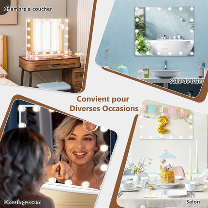Miroir de maquillage lumineux pour coiffeuse, 18 LED, tactile, 3 modes, grossissement x3
