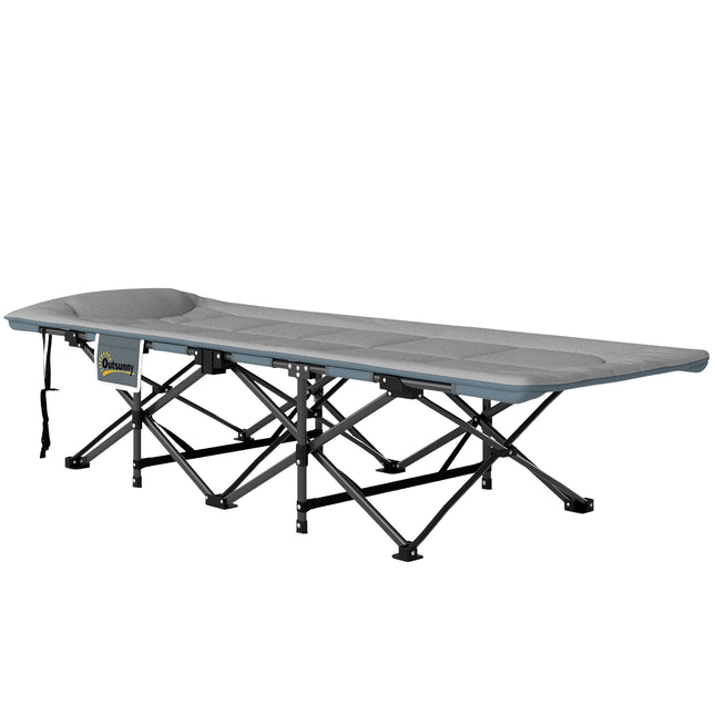 Hellgraues Klapp-Campingbett mit Matratze und Kissen, 150 kg Tragkraft