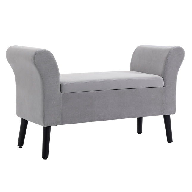 Light gray velvet upholstered bench with storage - modern design