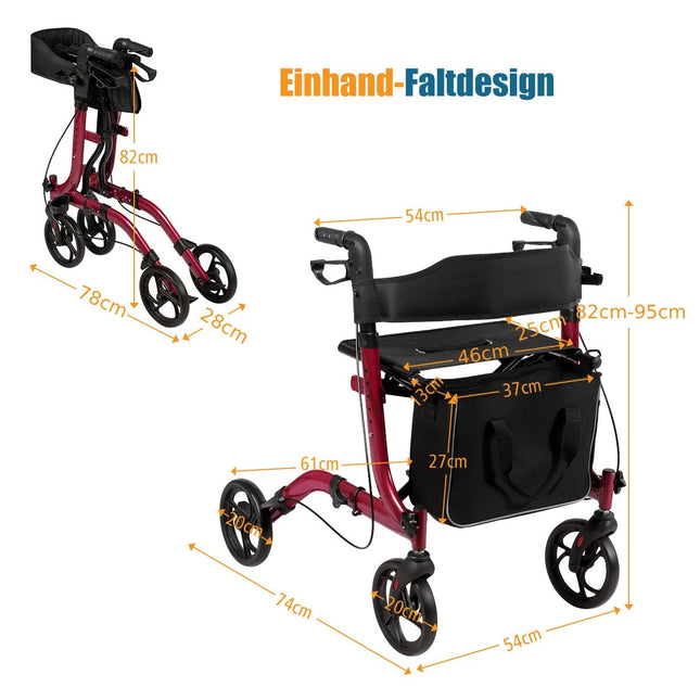 Déambulateur pliable et léger, hauteur réglable, rouge