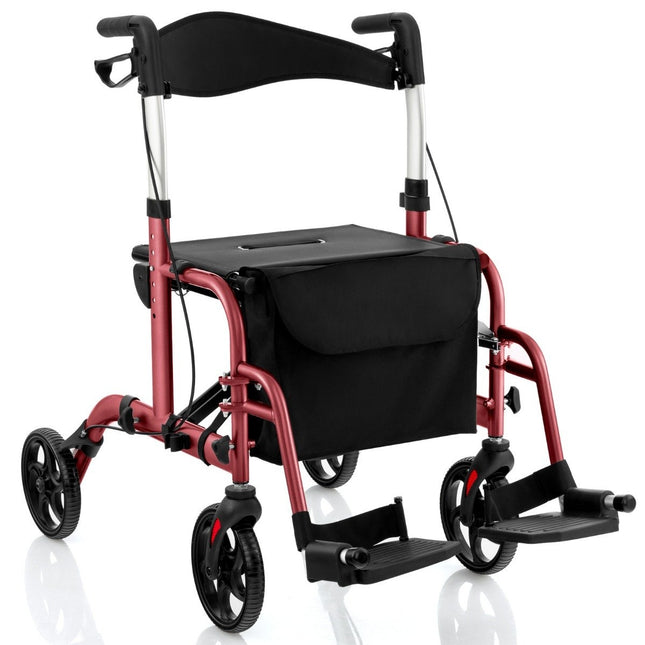 Déambulateur et fauteuil roulant pliable léger 2 en 1, rouge