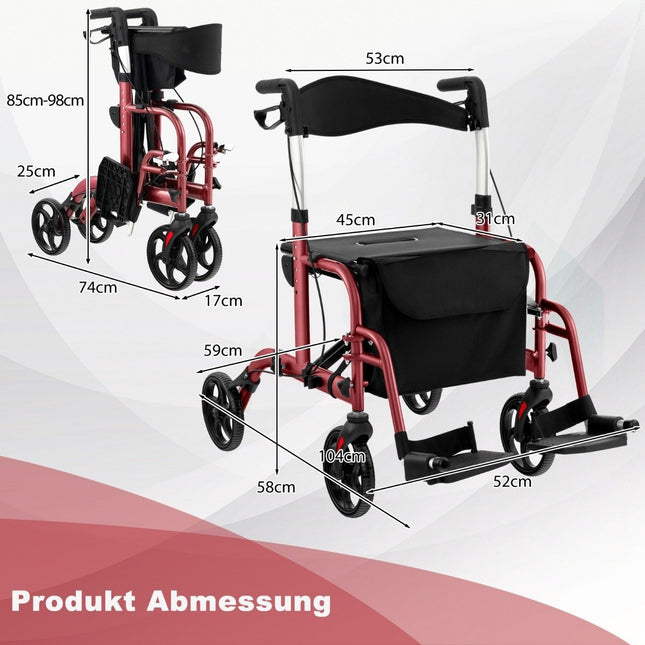 Déambulateur et fauteuil roulant pliable léger 2 en 1, rouge
