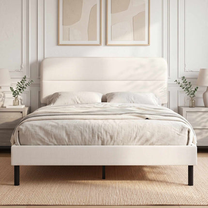 Linen-Look Double Bed 140 x 200 cm with Horizontal Headboard, Beige, 12 Slats