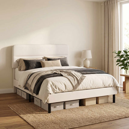 Linen-Look Double Bed 140 x 200 cm with Horizontal Headboard, Beige, 12 Slats
