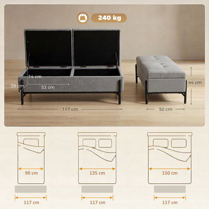 Banc de rangement pour linge avec double compartiment, 117 x 50 x 44 cm