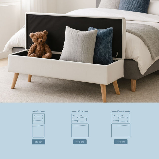 Banc de rangement en lin avec pieds en bois - Assise rembourrée