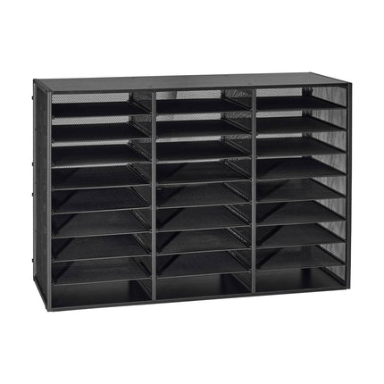 Literature Organizer, 27-Compartment Metal Mail Sorter, Wood Top