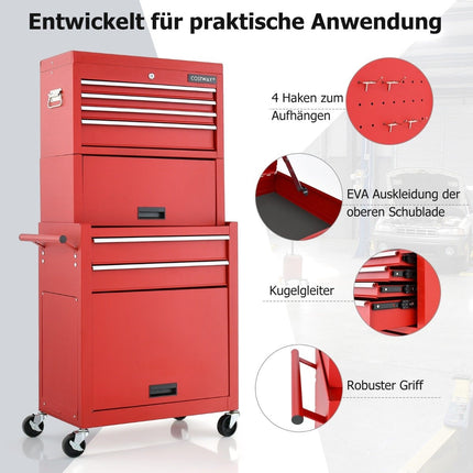 Abschließbarer 2-in-1-Werkzeugkasten mit Griff mit hoher Kapazität, 6 Schubladen und 4 Rädern, abnehmbar, Rot