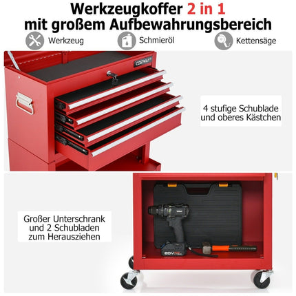 Abschließbarer 2-in-1-Werkzeugkasten mit Griff mit hoher Kapazität, 6 Schubladen und 4 Rädern, abnehmbar, Rot