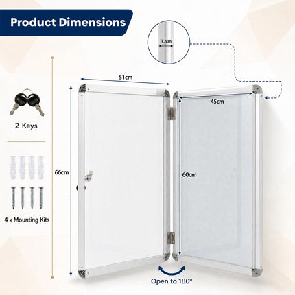 Vitrine verrouillable avec dos magnétique inscriptible, 90 x 65 cm, argent