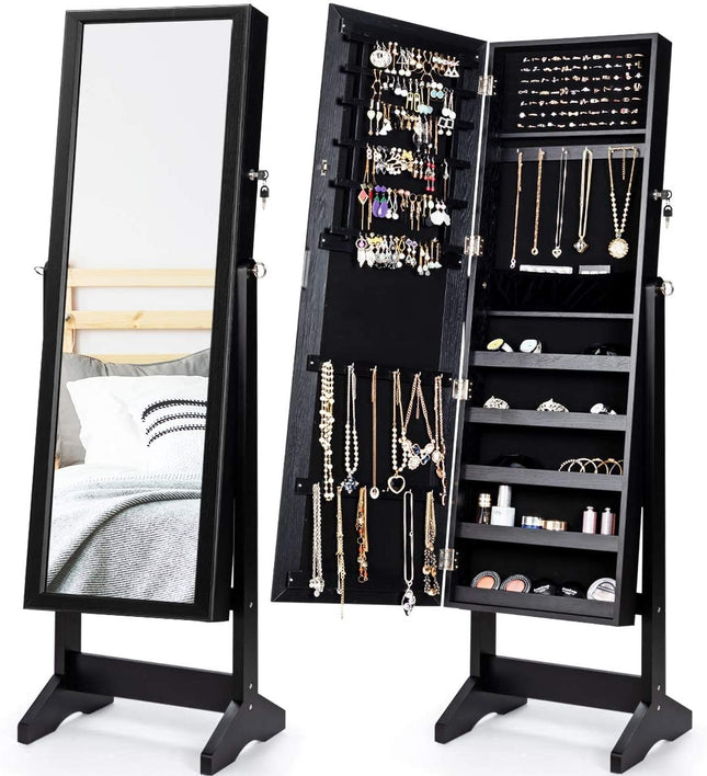 Armoire à bijoux verrouillable avec miroir pleine longueur, noire
