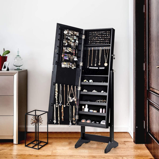 Armoire à bijoux verrouillable avec miroir pleine longueur, noire