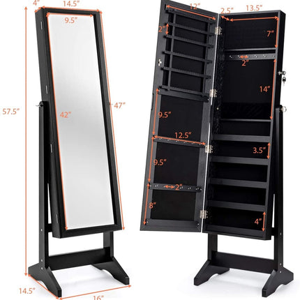 Armoire à bijoux verrouillable avec miroir pleine longueur, noire