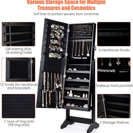 Armoire à bijoux verrouillable avec miroir pleine longueur, noire