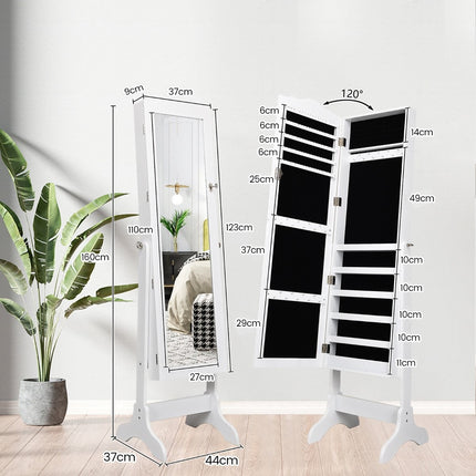 Armoire à bijoux verrouillable, design sur pied, angle réglable, miroir pleine longueur, 45 x 37 x 160 cm, blanc