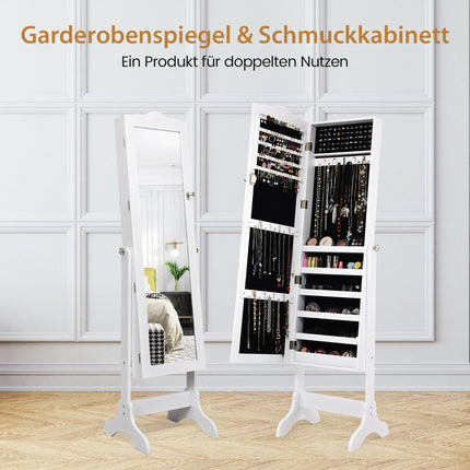 Armoire à bijoux verrouillable, design sur pied, angle réglable, miroir pleine longueur, 45 x 37 x 160 cm, blanc