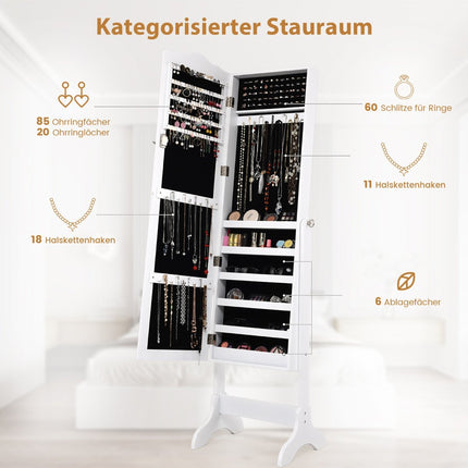 Armoire à bijoux verrouillable, design sur pied, angle réglable, miroir pleine longueur, 45 x 37 x 160 cm, blanc