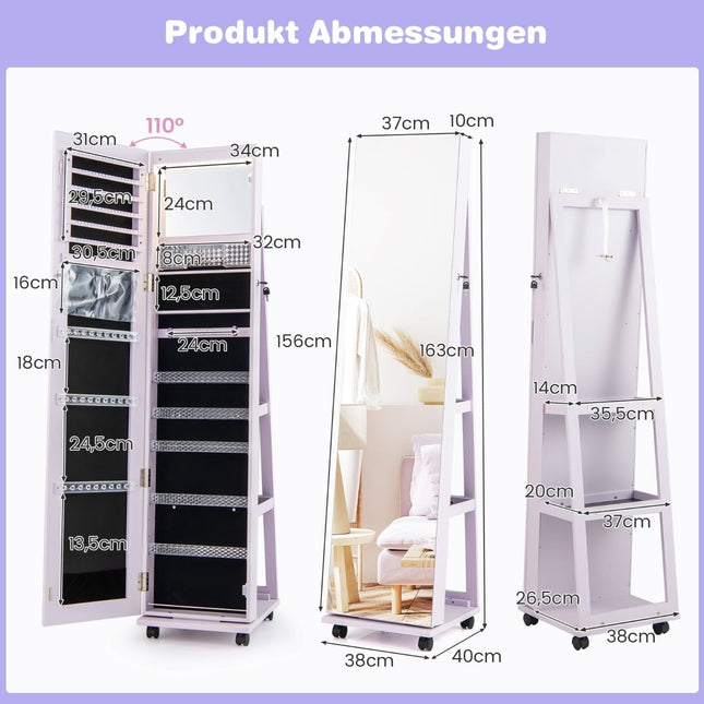 Armoire à bijoux verrouillable avec miroir, étagères réglables et éclairage LED