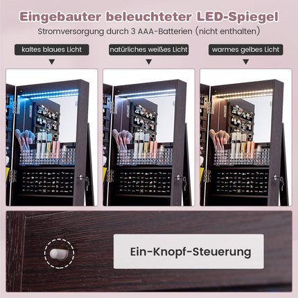 Abschließbarer Schmuckschrank mit Spiegel, LED, verstellbaren Einlegeböden