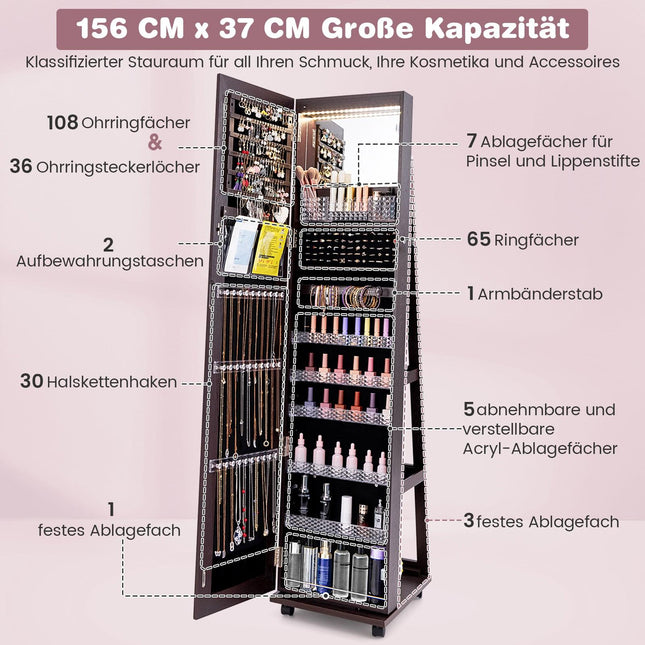 Armoire à bijoux verrouillable avec miroir, éclairage LED et étagères réglables