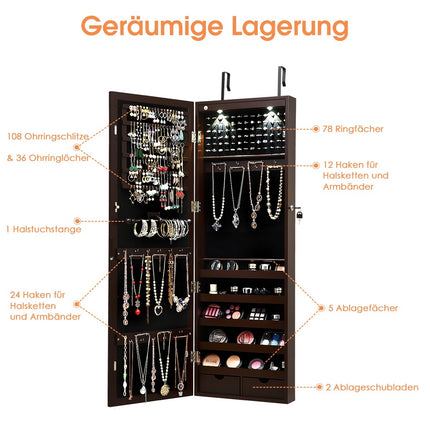 Abschließbarer LED-Schmuckschrank mit Ganzkörperspiegel