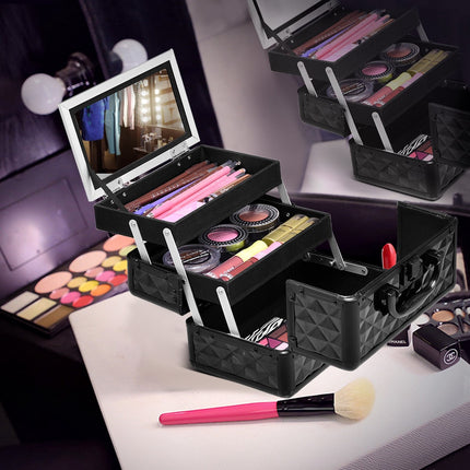 Trousse de maquillage verrouillable avec miroir et plateaux, noire