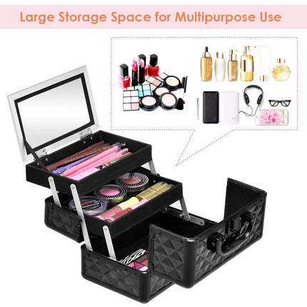 Trousse de maquillage verrouillable avec miroir et plateaux, noire