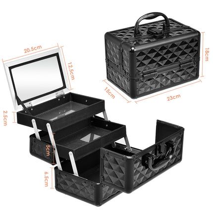 Trousse de maquillage verrouillable avec miroir et plateaux, noire
