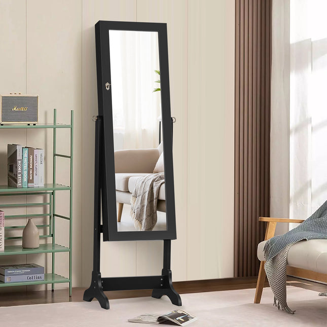 Armoire à bijoux verrouillable avec miroir pleine longueur, noire