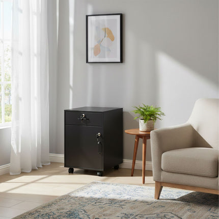 Socle mobile verrouillable avec tiroir et compartiment