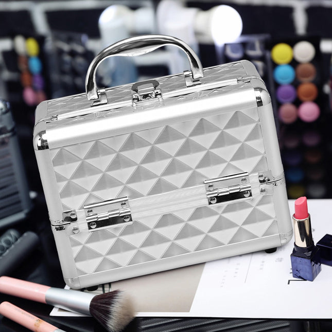 Trousse de maquillage portable verrouillable avec miroir, argentée