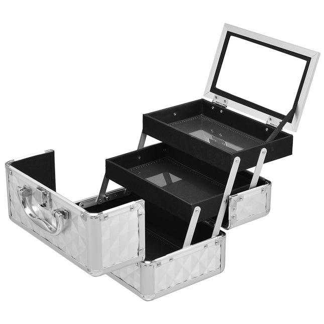 Trousse de maquillage portable verrouillable avec miroir, argentée