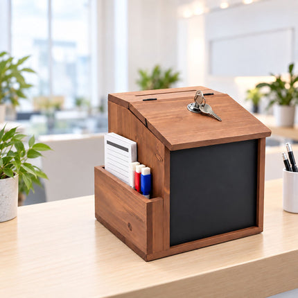 Lockable Solid Wood Suggestion Box with Chalkboard, 50 Cards, Natural