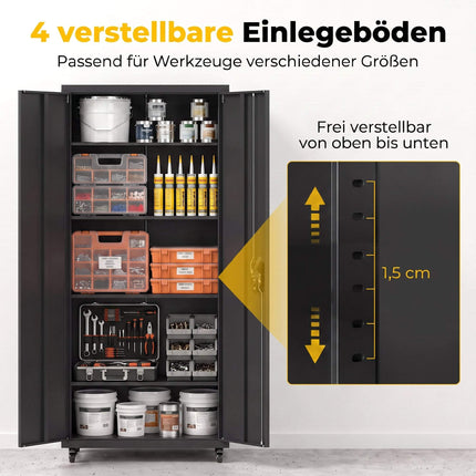 Abschließbarer Stahlschrank mit Rollen und verstellbaren Einlegeböden
