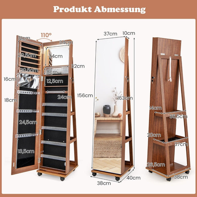Armoire à bijoux verrouillable avec miroir de maquillage intégré, étagères réglables et espace de rangement marron